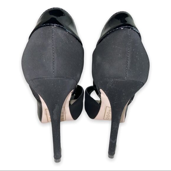 SS Signature by Sangria Black Faux Patent Leather Faux Suede Peep Toe Stilettos - Picture 9 of 14